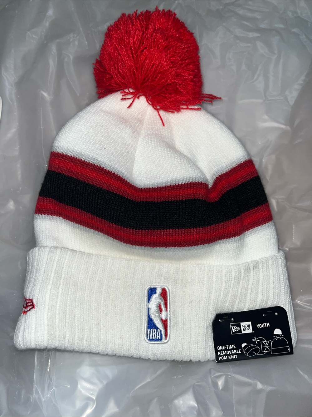 NBA Kids White Beanie with Red Pom and Black/Red Stripes